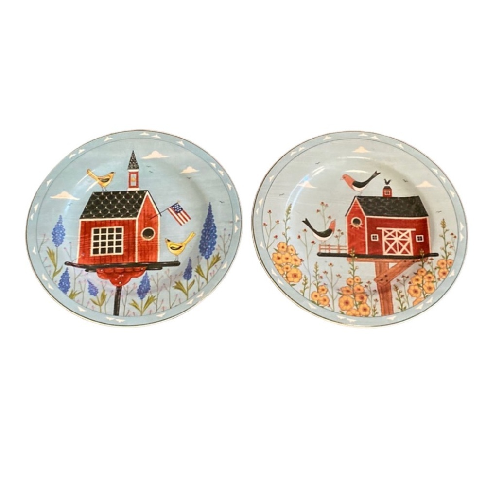 Warden Kimble “Birdhouse”. Blue plates. Cute! Set of 2.